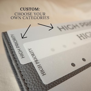 May include: A close-up of a gray leather planner with clear plastic dividers. The dividers are labeled "HIGH PRIORITY" and have the text "CUSTOM: CHOOSE YOUR OWN CATEGORIES" above them. The planner is designed for organization.