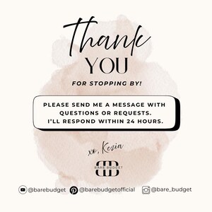 May include: A digital graphic with the words "Thank You" in a handwritten font, with the text "For stopping by!" below. A white box contains a message about sending messages for questions. The Bare Budget logo and social media handles are at the bottom.