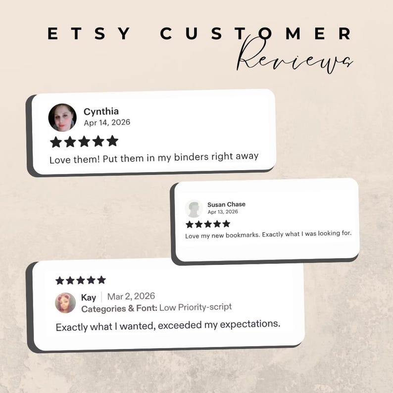 May include: A graphic display titled Etsy Customer Reviews featuring three white rectangular boxes with five-star ratings and text. The reviews include comments from Cynthia, Susan Chase, and Kay, dated in 2026, with profile photos and specific feedback.