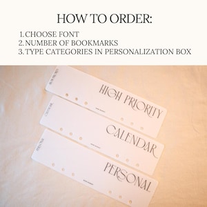 May include: White bookmarks with the words "HIGH PRIORITY", "CALENDAR", and "PERSONAL" printed in black. The text "HOW TO ORDER" is at the top, followed by instructions. The bookmarks have holes for binding.