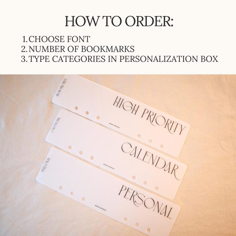 May include: White bookmarks with the words "HIGH PRIORITY", "CALENDAR", and "PERSONAL" printed in black. The text "HOW TO ORDER" is at the top, followed by instructions. The bookmarks have holes for binding.