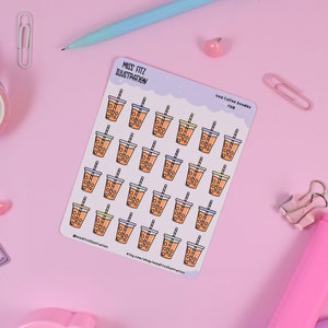 May include: A sheet of stickers featuring 36 illustrated bubble tea cups with colorful accents. The stickers are on a white background with the text "Miss Fizz Illustration" and "Iced Coffee Bubbles" at the top. The text "etsy.com/shop/missfizzillustration" is at the bottom.