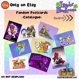 Könnte beinhalten: Ein digitaler Katalog von Fandom-Postkarten mit verschiedenen Zeichentrickfiguren. Der Text enthält 'Only on Etsy', 'Fandom Postcards Catalogue', 'Swipe', 'Lulu World', 'Keep Reaching for the Stars', 'Who Wants Pancakes?', 'LOVE YOURSELF' und 'You spin me right like a record, baby'.