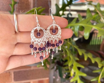 Handmade amethyst chandelier drop earrings, sterling silver