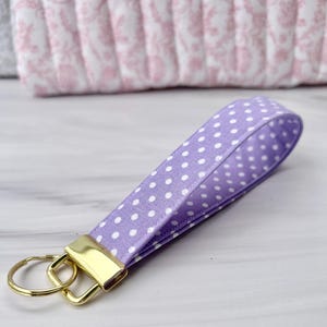 Purple Polka Dot Wristlet Keychain, Handmade Cotton Fabric Loop, Gold Clasp