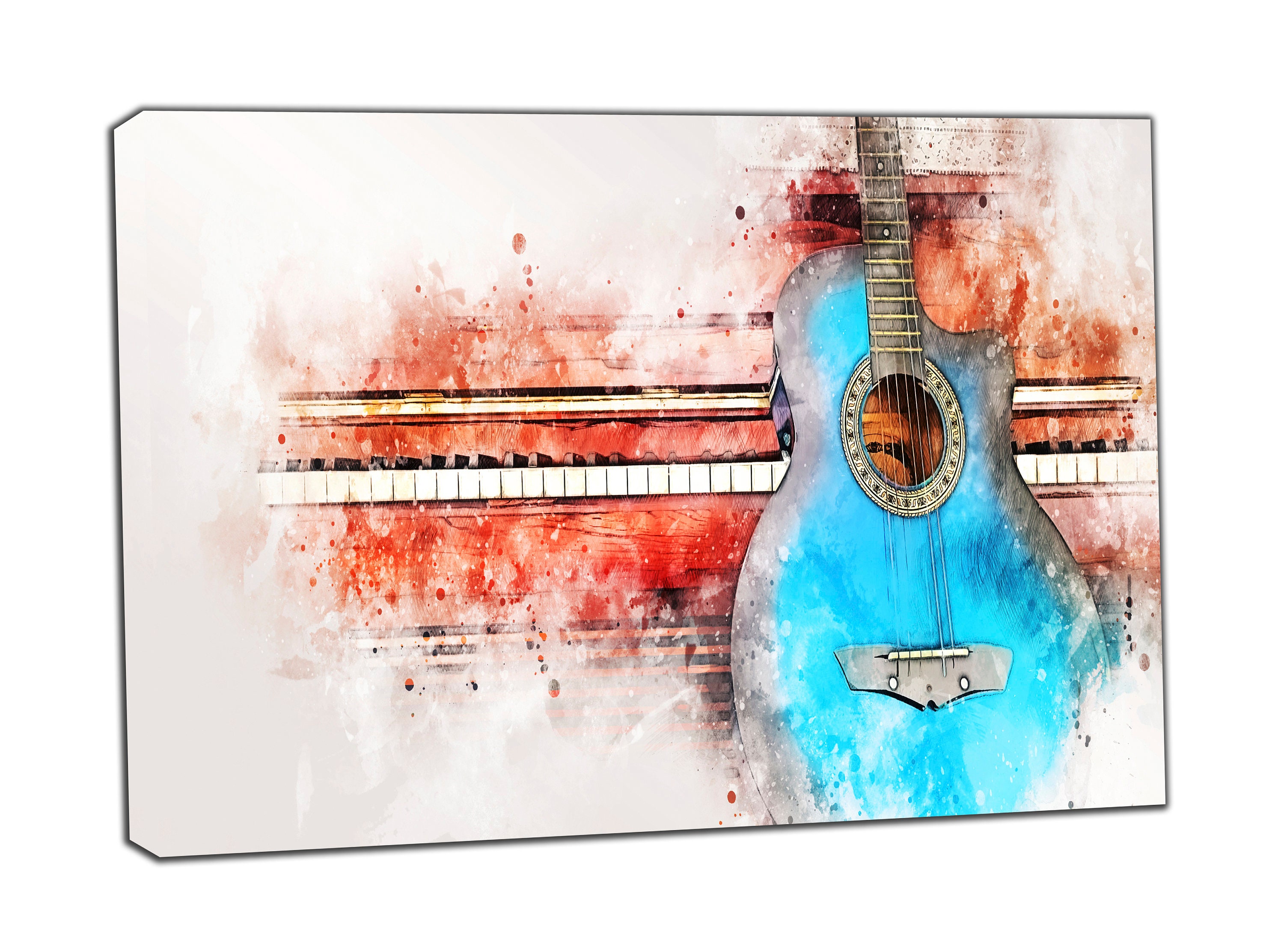 Abstract Colorful Guitar and Piano Keyboard on Watercolor Picture