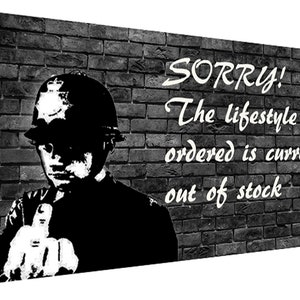 May include: A black and white image of a person giving the middle finger with the text "SORRY! The lifestyle you ordered is currently out of stock" on a brick wall background.