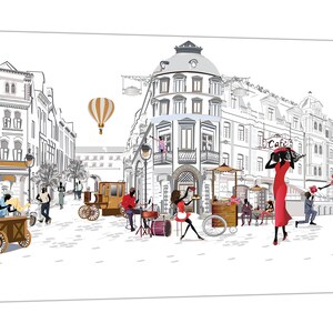 Daily life in street illustration  Picture Print on  Framed Canvas Wall Art