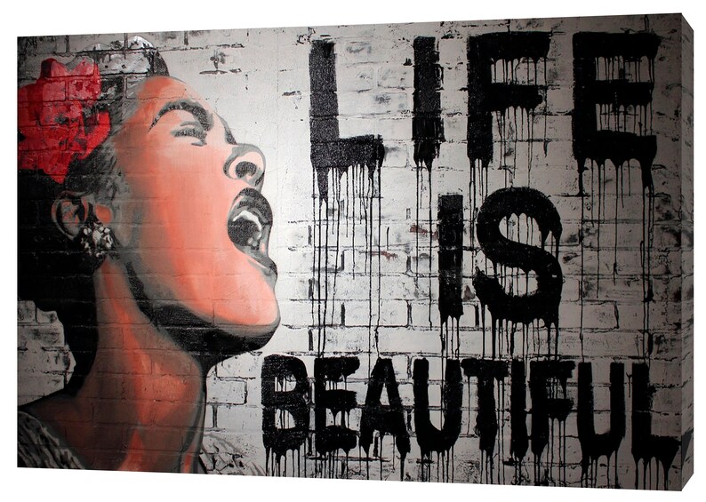 Banksy Graffiti Life is Beautiful Print on Wood Framed Canvas Wall Art