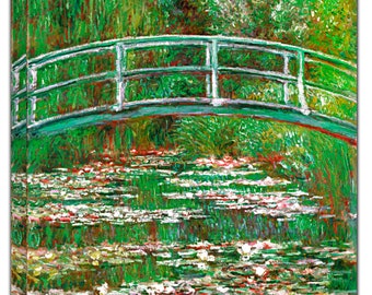 May include: A painting of a green bridge over a pond with water lilies. The bridge is white with a green railing. The water lilies are white and pink. The background is a green forest.