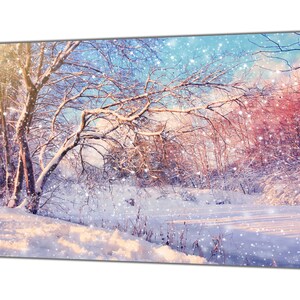 May include: A snowy winter scene with a forest of bare trees covered in snow. The sky is a light blue with a few clouds and the sun is shining through the trees. The ground is covered in a thick layer of snow.