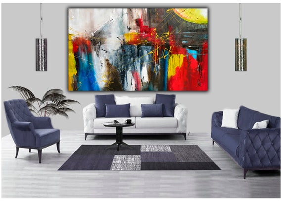 Red/Blue Grey tones Abstract Oil paint Reprint On Framed Canvas Wall art Decor 