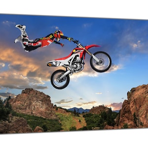Freestyle Motocross Rider  Stunt on Motorcycle On Framed Canvas Wall Art
