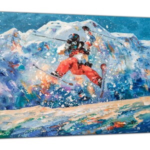 Freestyle. Ein Skifahrer im Flug vor der Kulisse der verschneiten Berge der Ski-Farbe Druck auf gerahmtLeinwand Wand Kunst Dekor