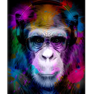 May include: A colorful abstract painting of a monkey wearing headphones and sunglasses. The background is a dark blue with splashes of pink, yellow, and green paint.