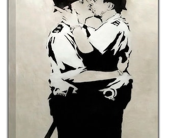 Kissing Coppers (banksy) - Painting on Canvas Handmade Using
