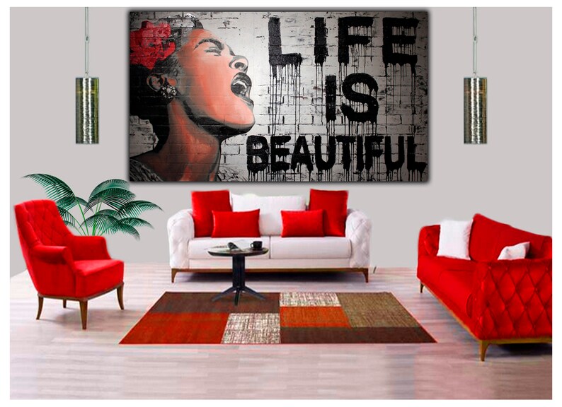 Banksy Graffiti Life is Beautiful Print on Wood Framed Canvas Wall Art