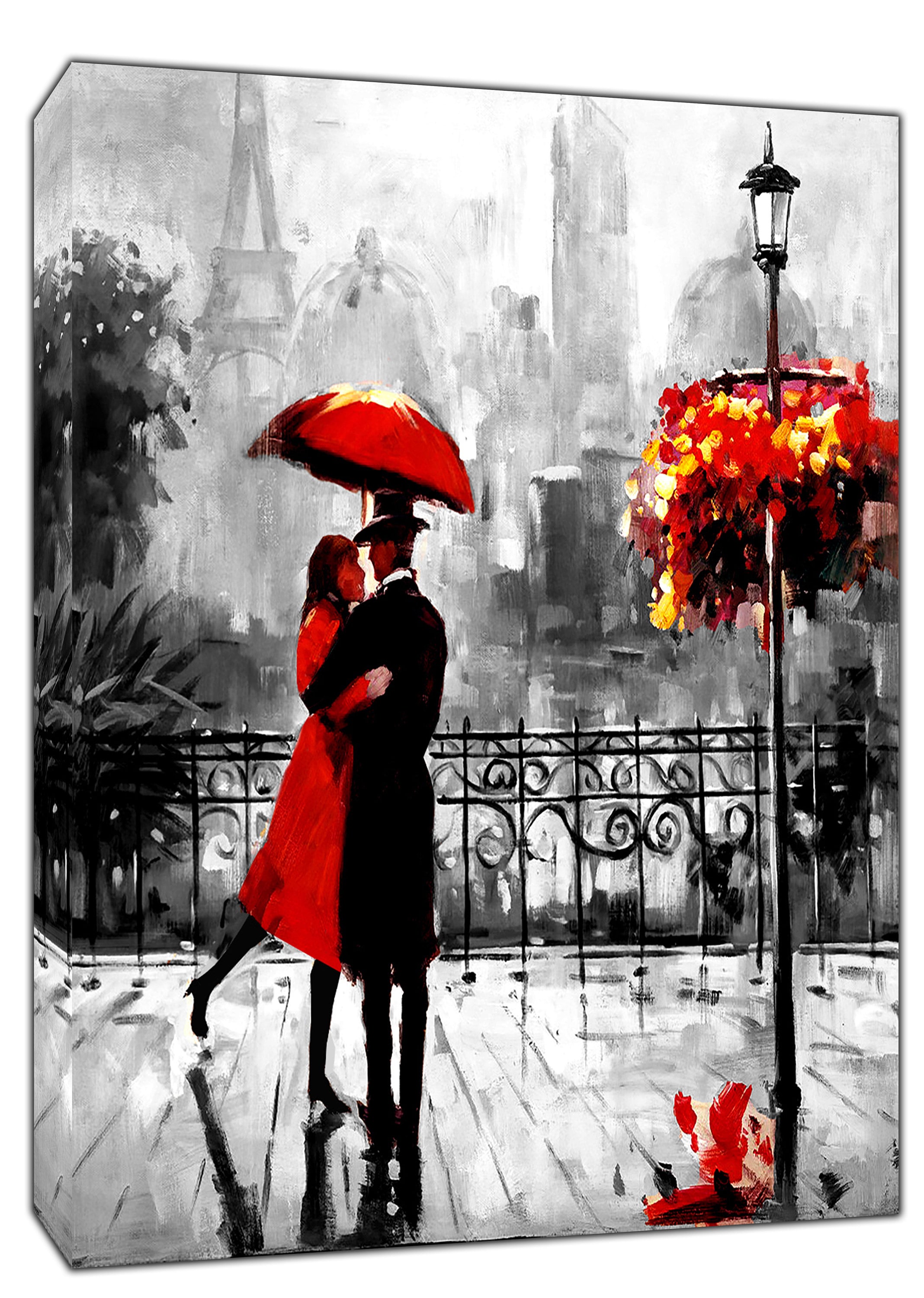 Portrait de couple s'embrassant plein de diamants, parapluie rouge