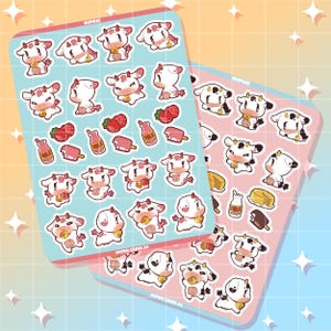 Cute cow glossy sticker sheet, strawberry cow, vinyl sticker, milk, kawaii sticker, laptop decal, yami kawaii, sticker pack, cottage core