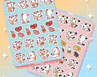Cute cow glossy sticker sheet, strawberry cow, vinyl sticker, milk, kawaii sticker, laptop decal, yami kawaii, sticker pack, cottage core