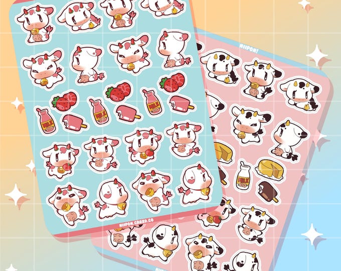 Cute Cow Glossy Sticker Sheet, Strawberry Cow, Vinyl Sticker, Milk ...