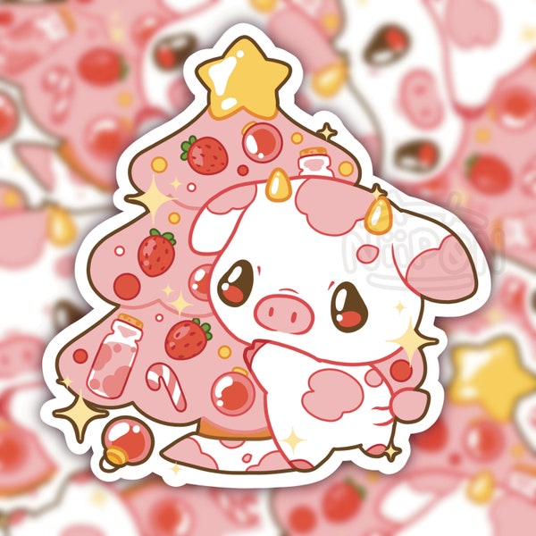Strawberry Cow Christmas Vinyl Sticker, stocking stuffer, kawaii Christmas gift, pink laptop sticker, notebook sticker, phone sticker, anime