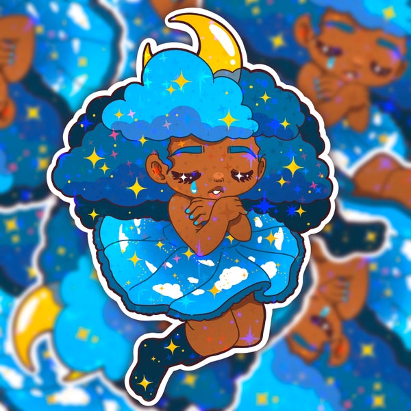 cute night girl vinyl sticker, holographic sticker, fantasy art sticker, for notebook, laptop, phone, black owned shop, black girl magic