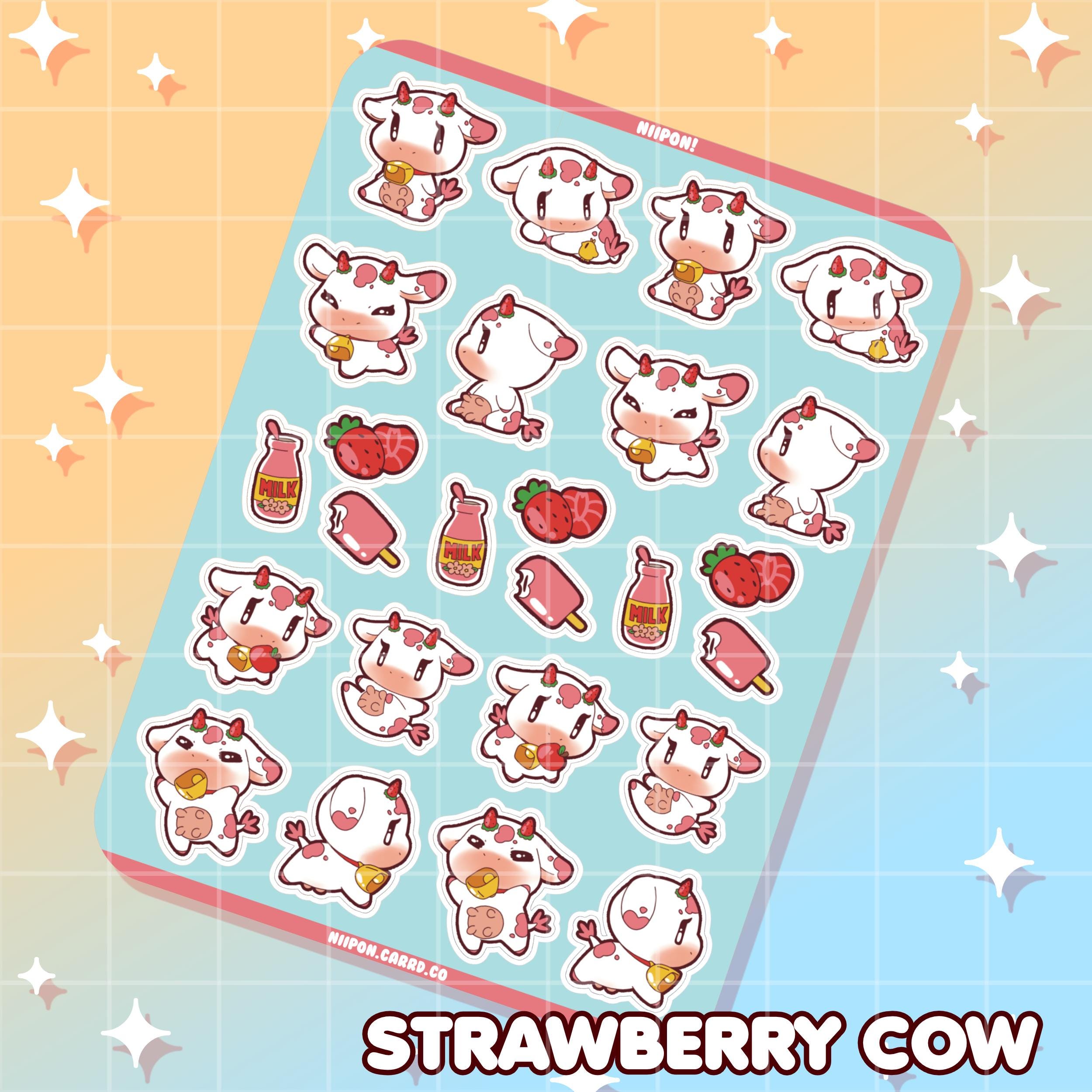 Cute Cow Glossy Sticker Sheet, Strawberry Cow, Vinyl Sticker, Milk ...