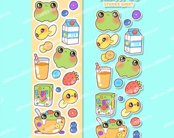 Cereal Frog sticker sheet, kawaii journal decor, cute anime notebook decals, niipon, tadpole artwork, planner art aesthetics, deco pack