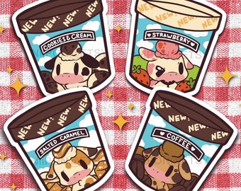 Ice Cream Cow Vinyl Stickers, strawberry print, laptop stickers, niipon, cute planner sticker set, blueberry, kawaii anime sticker pack