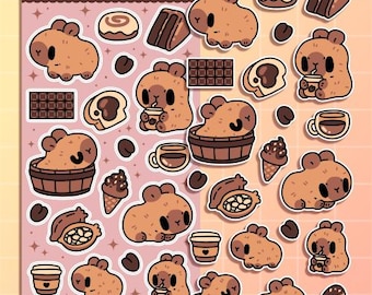 Capybara sticker sheet, kawaii journal decor, cute anime notebook decals, niipon, chocolate artwork, planner art aesthetics, deco pack