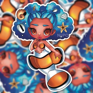 Clownfish Mermaid Vinyl Sticker, black girl magic, black lives matter, black owned shop, natural hair, planner, magical girl, kawaii sticker