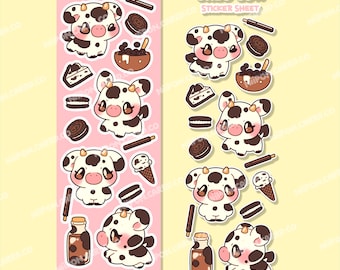 cookie cow sticker sheet, kawaii journal decor, cute anime notebook decals, niipon, chocolate milk cow artwork, planner art aesthetics