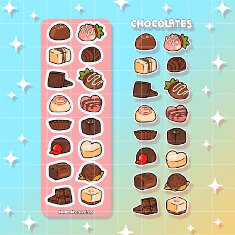 May include: A sheet of colourful stickers featuring various chocolate designs, including truffles, bonbons, and chocolate-covered strawberries. The word "CHOCOLATES" is written at the top. The stickers are on a pink background with the text "NiiPON.carrd.co" at the bottom.