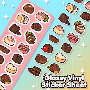 May include: A glossy vinyl sticker sheet with chocolate-themed designs. The stickers depict chocolates, chocolate-covered strawberries, and heart-shaped sweets. The sheet has a pink and blue background with the text "Glossy Vinyl Sticker Sheet".