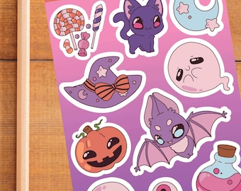 Happy Halloween Glossy Sticker Sheet, pumpkin bat black cat ghost, kawaii animals, sticker pack