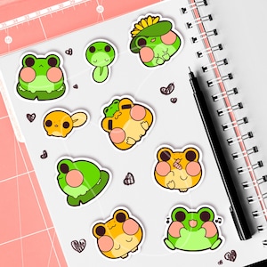 Conjunto de adesivos de vinil sapo e sapo (9 adesivos), charme de sapo, pacote de adesivos, decalque para laptop, yami kawaii, adesivos fofos, papel de carta kawaii, anime