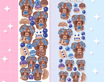 Blueberry Bear Sticker Sheet, Baking Cutie, kawaii VSCO laptop decal, Bullet Journal daily planner, Bakery Art