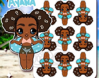 May include: A set of nine stickers featuring a cartoon character named Ayana. Ayana is a Black girl with brown hair, wearing a pink swimsuit and a blue and white inflatable ring. The stickers are on a white background with the text "NIIPON!" and "NIIPON.CARRD.CO" at the top and bottom.