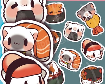 Sushi Cat Vinyl Stickers, kawaii sticker, sticker sheet, sticker pack, food stickers, laptop accessories, cute planner, Japanese Anime