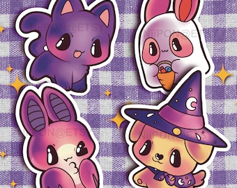 Kawaii Halloween vinyl stickers, planner stickers, anime laptop sticker, sticker pack, trick or treat, spooky bat, cat sticker, dog sticker