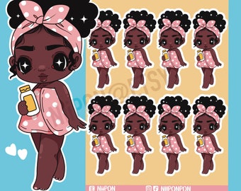 self care cutie planner sticker sheet, daily planner, kawaii stickers, black owned shop, black art, black woman, self care, natural hair