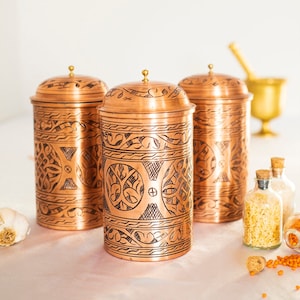 Handmade Engraved Copper Canister, Handmade Copper Jar Canister, Copper Storage Box, Kitchen Decoration