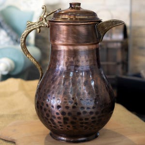 Handmade Hammered %100 Copper Pitcher with Lid; 2 Liters, Vintage Style, No Coating