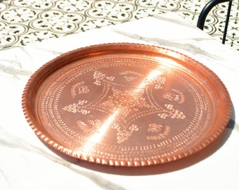Pure Copper Serving Tray, Handmade Copper Tray, %100 Copper Handmade Serving Tray, Patterned Copper Tray, Round Tray