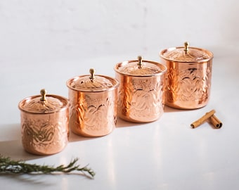 Copper Canister Set of 4, Handmade Copper Jar Canister, Copper Storage Box, Kitchen Decoration