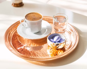 Copper Round Serving Tray, Pure Copper Hammered Tray, Copper Round Tray, Handmade Copper Tray
