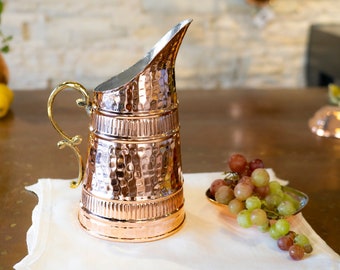 Handmade Copper 2 Liters Pitcher, Handmade Copper Jug, Pure Copper Jug for Drinking Water, Copper Kitchen Decor