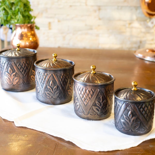 Copper Canister Set of 4, Handmade Copper Jar Canister, Vintage Canister, Copper Storage Box, Kitchen Decoration