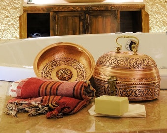 Set da bagno turco, set da hammam in rame, set da bagno, set da bagno turco tradizionale, peshtemal, ciotola da bagno in rame, kit da bagno turco, set da hammam